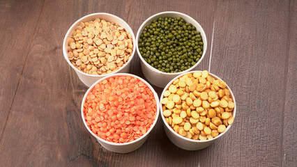 Assorted different types of beans and cereals grains. Set of indispensable sources of protein for a healthy lifestyle. Everyday use at Indian households.