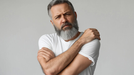 Dermatitis, eczema, allergy, psoriasis concept. Irritated middle-aged man in white t-shirt.