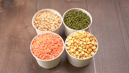 Assorted different types of beans and cereals grains. Set of indispensable sources of protein for a healthy lifestyle. Everyday use at Indian households.
