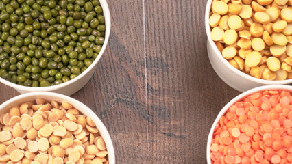 Assorted different types of beans and cereals grains. Set of indispensable sources of protein for a healthy lifestyle. Everyday use at Indian households.