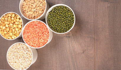 Assorted different types of beans and cereals grains. Set of indispensable sources of protein for a healthy lifestyle. Everyday use at Indian households.