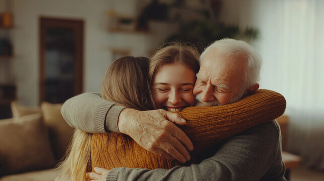 Hug, portrait and smile of elderly man with daughters in living room at home. Family, love and support with happy family hugging in apartment together for wellbeing.