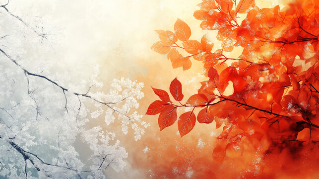 Autumn and Winter Embrace, an illustration blending autumn foliage with early hints of winter frost, showing the seasonal transition, with copy space, The September Equinox