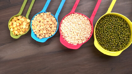 Assorted different types of beans and cereals grains. Set of indispensable sources of protein for a healthy lifestyle. Everyday use at Indian households.