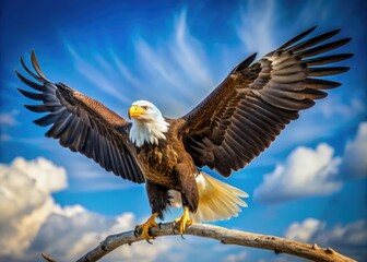 Obraz premium A regal bird of prey surveys its kingdom from a treetop perch, wings spread wide as the sky above is a brilliant hue of blue.