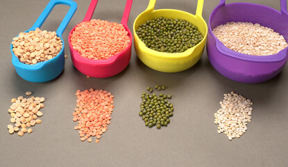 Assorted different types of beans and cereals grains. Set of indispensable sources of protein for a healthy lifestyle. Everyday use at Indian households.