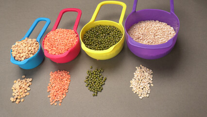 Assorted different types of beans and cereals grains. Set of indispensable sources of protein for a healthy lifestyle. Everyday use at Indian households.