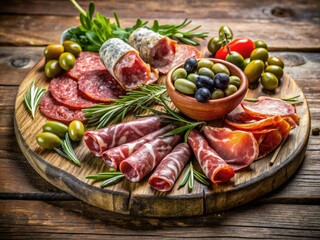 A rustic wooden board showcases an assortment of dry-cured Italian meats infused with aromatic herbs, partnering perfectly with a colorful array of olives.