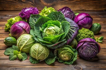 A rustic wooden table showcases an assortment of green and purple cabbages in various sizes, from petite to plump, in a harmonious arrangement.