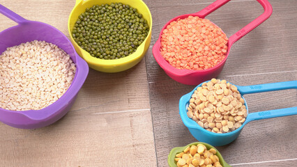 Assorted different types of beans and cereals grains. Set of indispensable sources of protein for a healthy lifestyle. Everyday use at Indian households.