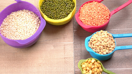 Assorted different types of beans and cereals grains. Set of indispensable sources of protein for a healthy lifestyle. Everyday use at Indian households.