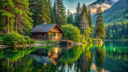 Fototapeta premium A secluded cabin nestles on the shoreline of a serene lake, engulfed by vibrant greenery, where tranquility and natural beauty converge.