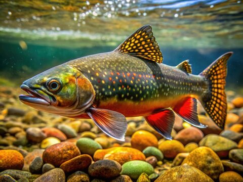 A School of brook trout darts through the crystal clear water, their shimmering scales reflecting every hue of the rainbow as they navigate the gentle currents.