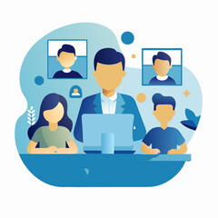 Professional team meeting illustration with three individuals during a virtual conference