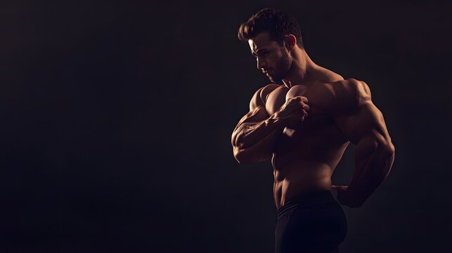 Muscular man flexing his biceps in a dark gym setting.