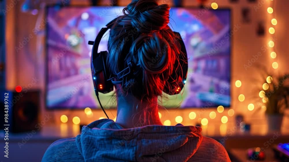 Poster a person sits in a comfortable hoodie, wearing headphones, deeply focused on an engaging video game 