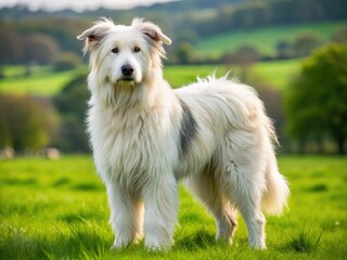 Fototapeta premium A serene white sheepdog with black markings grazes peacefully in a verdant field, surrounded by a tapestry of flora, its beauty unspoken.
