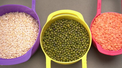 Assorted different types of beans and cereals grains. Set of indispensable sources of protein for a healthy lifestyle. Everyday use at Indian households.