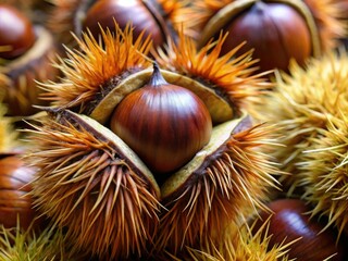 A singular focus on spiky, earthy brown chestnuts reveals intricate ridges and a precise point, elevating these humble treats to an artful stature.