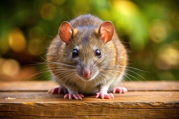 A sleek brown rat with beady eyes perches delicately on the rustic wooden surface, its fur glistening in the light.