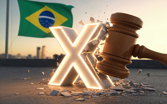 Supreme Court wooden gavel crushing a glowing X symbol. Brazil-themed law enforcement concept art. VPN access to blocked websites and social media platforms. Totalitarian control and freedom