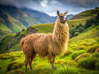 Obraz premium A soft, fluffy brown llama stands tall in a vibrant, lush grassy field, soaking up the warm sun's rays in the Peruvian Andes.