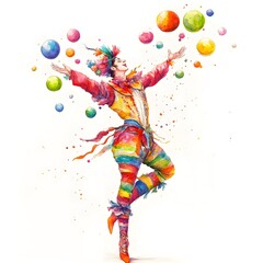 Obraz premium Watercolor Painting of a Colorful Jester Juggling Balls