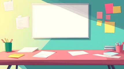 Blank Whiteboard in Modern Office with Desk  Papers  and Colored Sticky Notes