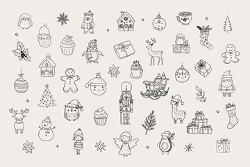 Christmas hand drawn whimsical line art icons 2 Xmas clipart, Vector illustrations, hand sketched doodle icons, Hand Drawn Swirl Frame, Quirky style drawing, Santa Claus, deer, snowman, elf © Vector Queen