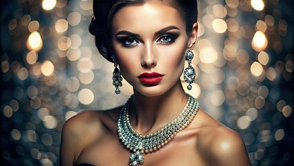 A statuesque woman with radiant skin, toned physique, and chiseled features, accessorized with radiant jewels, set against a backdrop of sleek, modern sophistication.