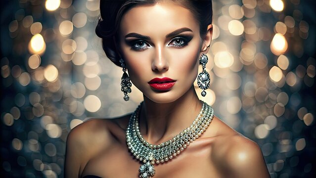 A statuesque woman with radiant skin, toned physique, and chiseled features, accessorized with radiant jewels, set against a backdrop of sleek, modern sophistication.
