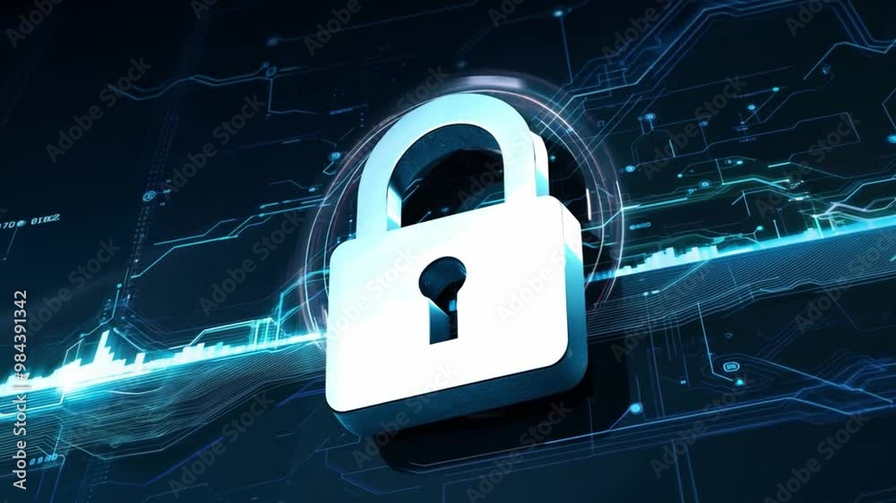 Aufkleber a metallic lock graphic is displayed on a dark blue circuit board background, emphasizing themes of 