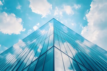 Modern Glass Building with Blue Sky and Clouds Reflection