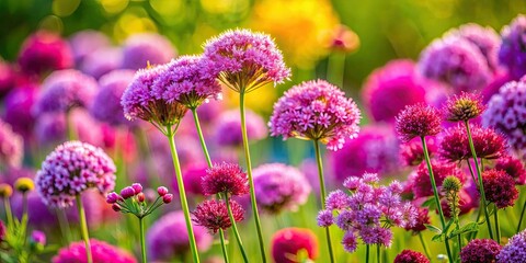 Obraz premium A stunning cluster of pink and purple wildflowers bursts forth in a lush garden, vibrant petals swaying gently in the breeze.
