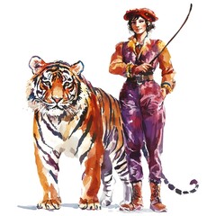 Fototapeta premium Watercolor Illustration of a Woman with a Bengal Tiger