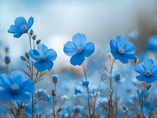 Vibrant Blue Cosmos Flowers Against Cloudy Sky in Serene Summer Meadow