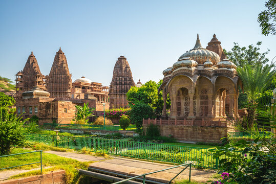 The Royal Cenotaph and temples in Mandore Garden near blue city, Jodhpur, Rajasthan, India
