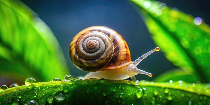A tiny, spiraled ramshorn snail slowly makes its way up a lush green plant leaf in an aquarium's tranquil backdrop.