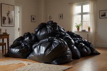 Cozy bright bedroom filled with bags of trash. The concept of recycling, a reasonable approach to consumption, cluttering space