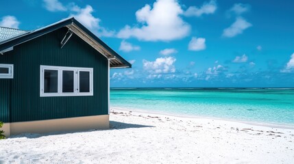 A beachfront cottage with a dark teal exterior, contrasting with the white sandy beach and turquoise waters, under a sunny sky