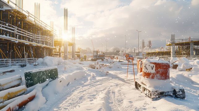 Atmospheric shot of a construction site after a snowfall, with equipment and incomplete structures lightly covered in snow