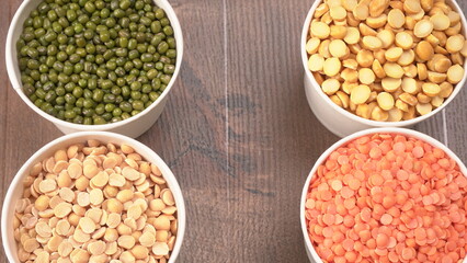Assorted different types of beans and cereals grains. Set of indispensable sources of protein for a healthy lifestyle. Everyday use at Indian households.