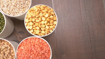 Assorted different types of beans and cereals grains. Set of indispensable sources of protein for a healthy lifestyle. Everyday use at Indian households.