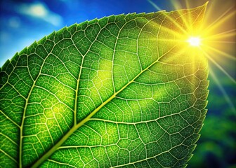 A verdant green leaf basks in warmth, its microscopic openings drinking in carbon dioxide and exhaling oxygen, supporting life through photosynthetic magic and sugar-rich sustenance.