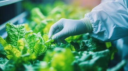 Gloved hand inspecting leafy greens in greenhouse
