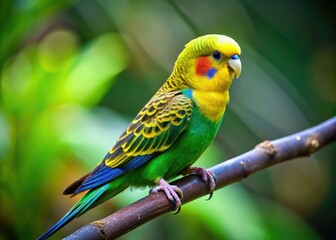Naklejka premium A vibrant parakeet perches on a branch, its green feathers glistening, head a brilliant yellow, a splash of color amidst the lush foliage.