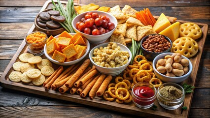 Fototapeta premium A whimsical illustration depicts a serving tray piled high with a medley of snacks, from savory chips to sweet cookies and tangy fruit.