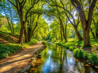 Fototapeta premium A winding trail beneath towering trees culminates at a serene creek, where lush vegetation flourishes in a peaceful canyon oasis.