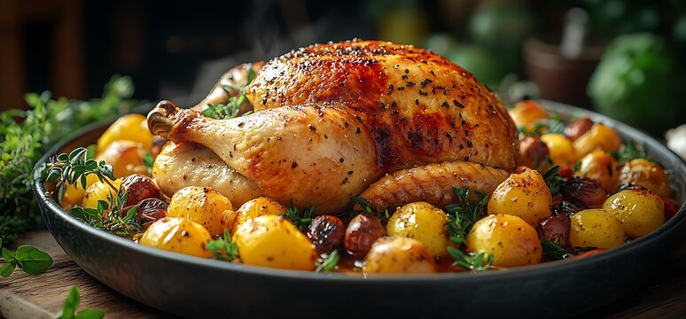 Roasted chicken with potatoes and herbs in a black dish.