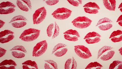 Valentine's day romantic pattern, red lipstick kisses on a beige background